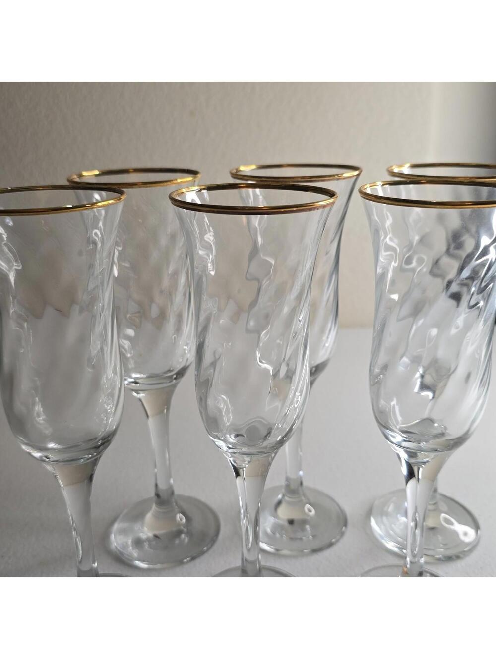 LOT OF 6 Elegance Champagne Flutes 7 oz. Hand Decorated 24 K Gold Rim